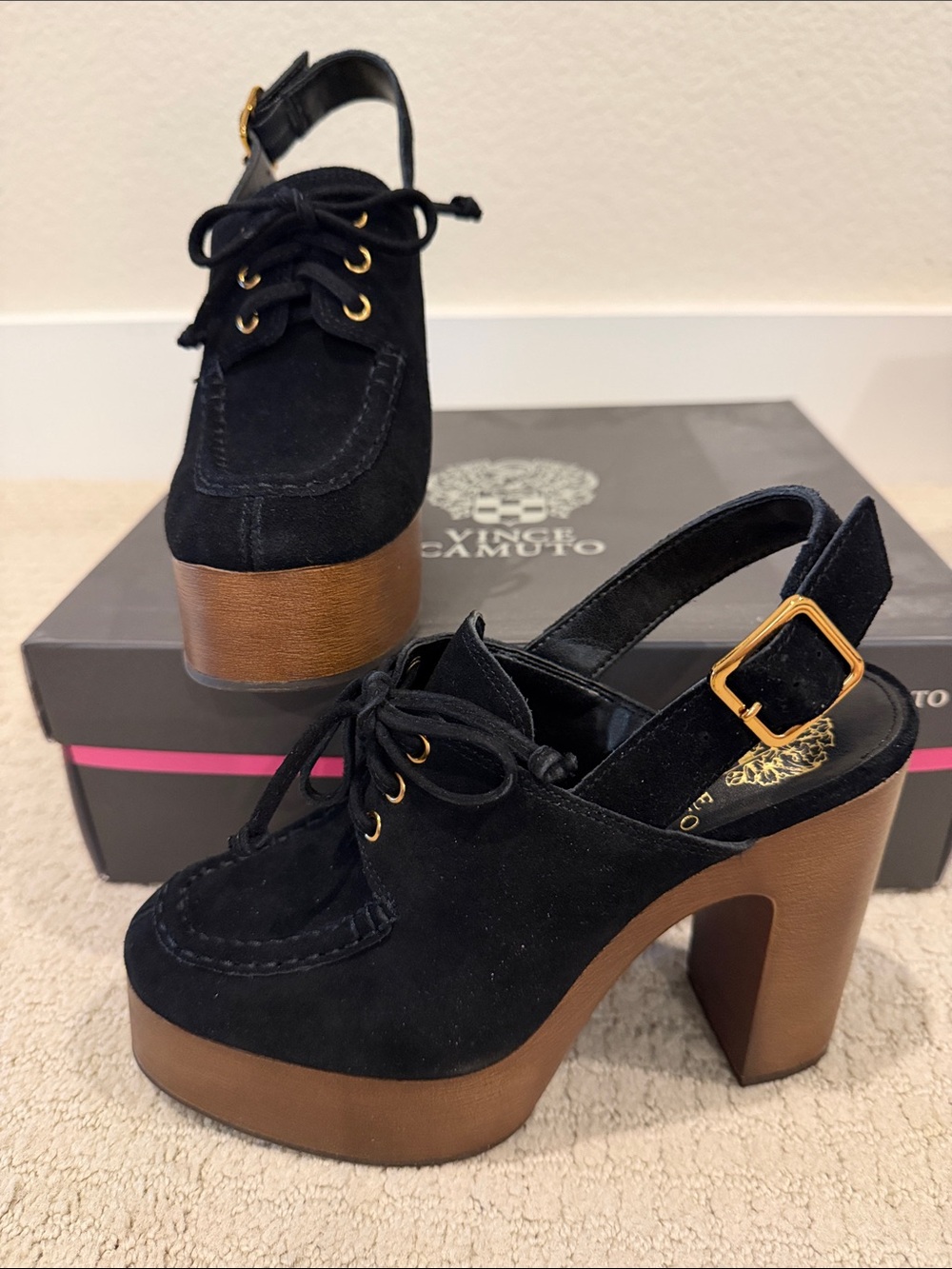 Vince Camuto Black Suede Lace-Up Platform Slingback with Brown Wood-Look Heel
